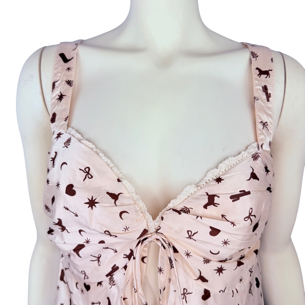 Lelis Collection Cami Tank Top Womens Medium Pink Western Cowboy Print Tie Front - Picture 2 of 9